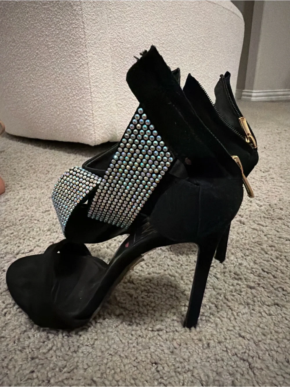 Black Rhinestone Accent Heeled Sandals - Women